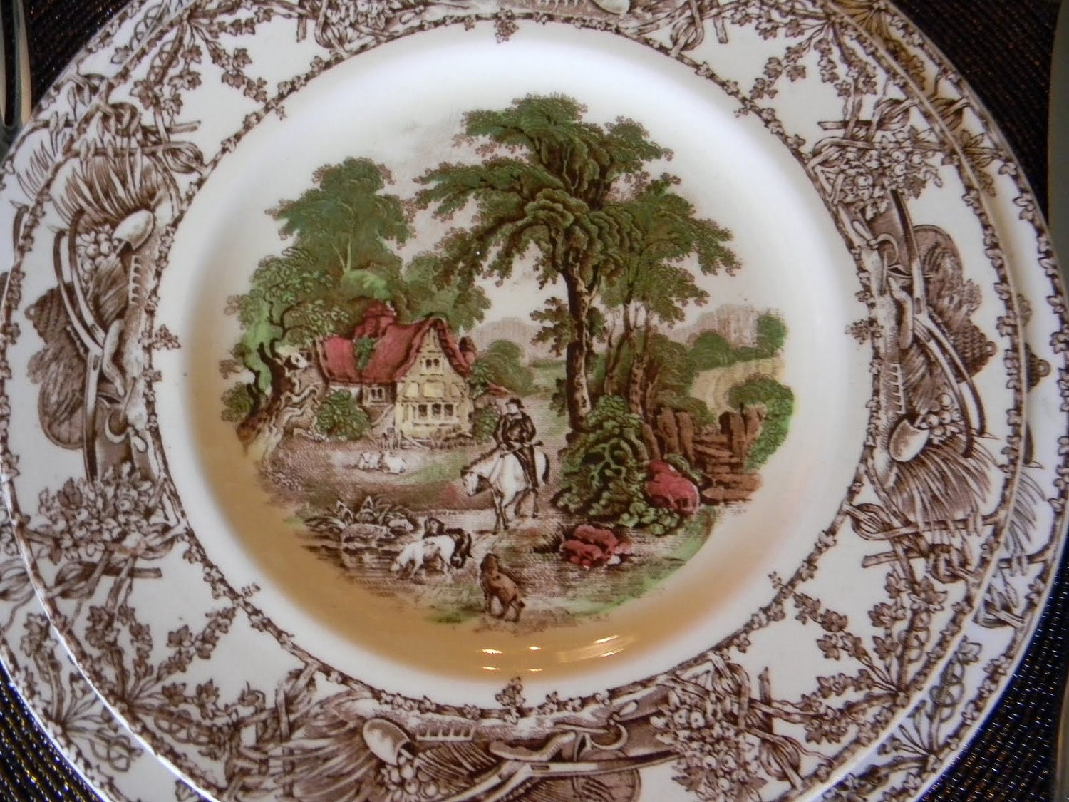 Brown Polychrome Transferware Rural Scenes  Salad Plate Farmhouse Sheep Dogs Hunt Scene
