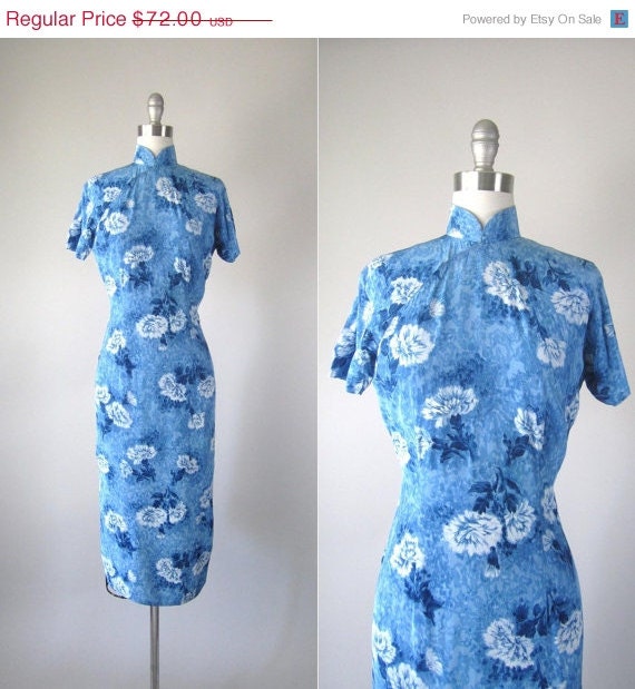 20% off SALE Vintage 1950s Cheongsam Dress // 50s Blue Floral Wiggle Dress // Heavenly Garden