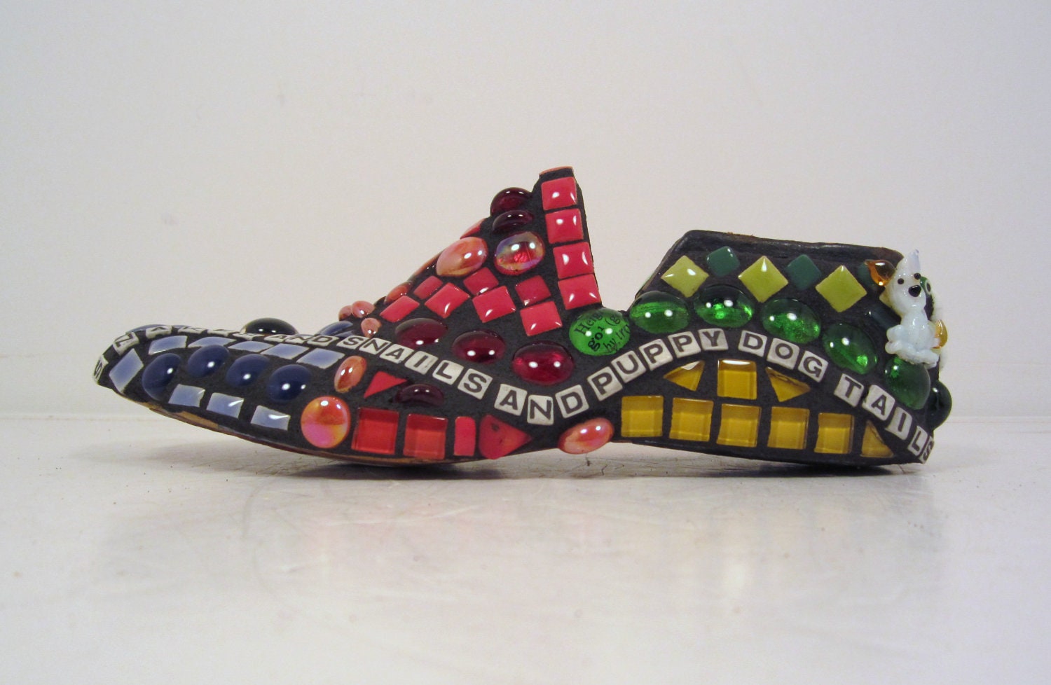 MOSAIC -- mosaic shoe last with SNAKES & SNAILS poem -- great baby gift, shower gift idea, gift for boys or men