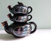 Vintage Redware Chicken Teapot Triple Stack Layers Teapot Creamer and Sugar Hand Painted