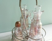 Vintage Table Caddy Salt Pepper Oil and Vineager Glass and Gold in Gold Tone Carrier Mid Century Modern Atomic Retro