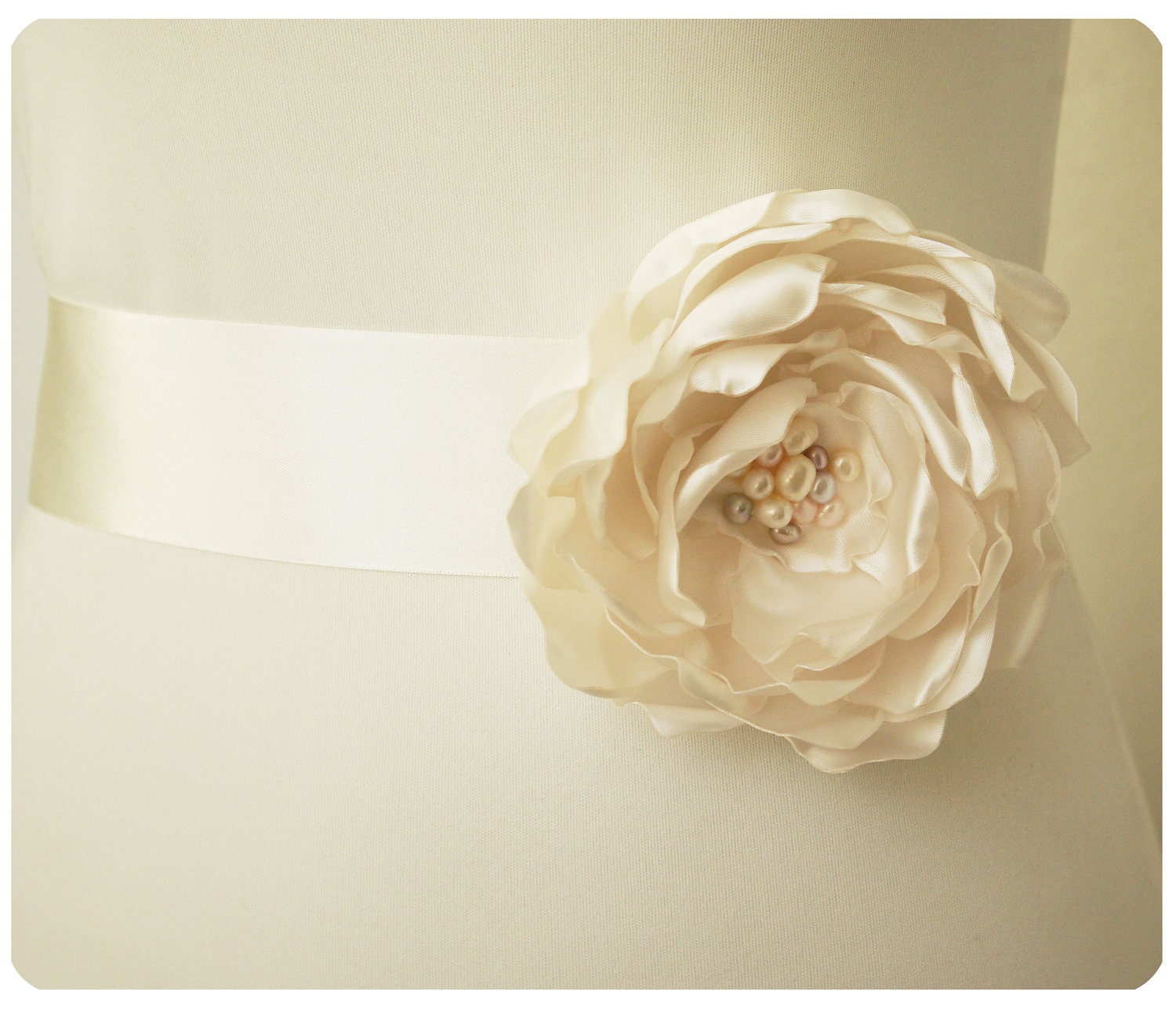 Ivory and Pastel Winter Wedding Sash for Bride or Bridesmaid with Ivory Cabbage Rose Flower and Pearls