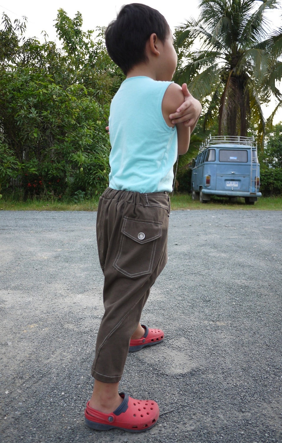 KID' s Unisex Pants - Dark Brown Stretch Cotton Drop Crotch Pants With 1 Patched Pocket