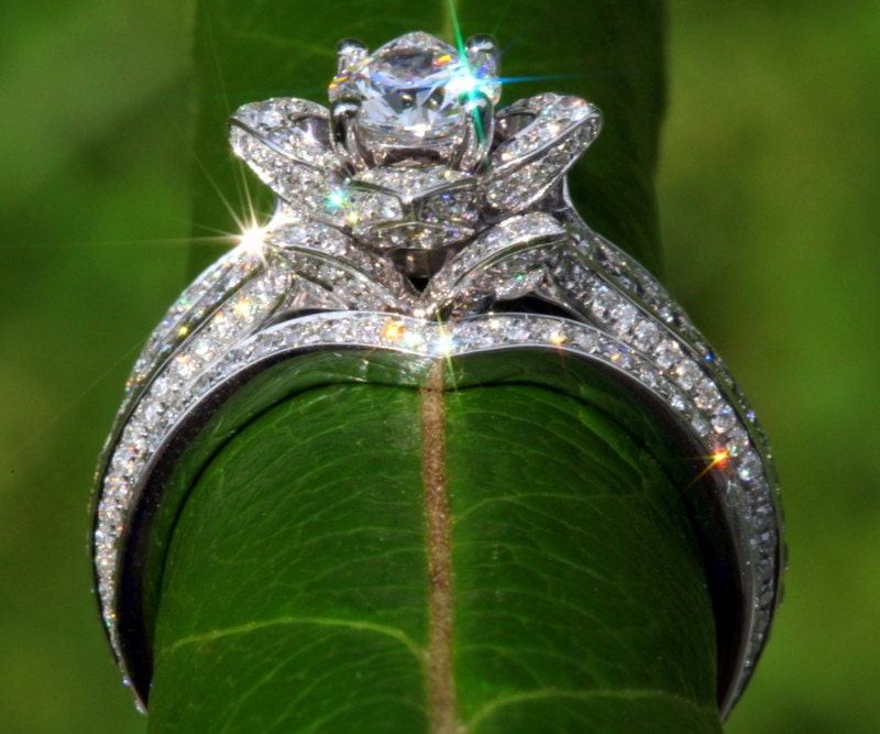 Wedding SET - Gorgeous UNIQUE Flower Rose Diamond Engagement Ring and Wedding band set - 2.85 carats - 14K white gold - custom made - fL01-S