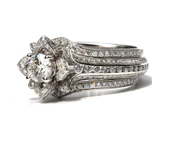 Wedding SET - Gorgeous UNIQUE Flower Rose Diamond Engagement Ring and Wedding band set - 2.85 carats - 14K white gold - custom made - fL01-S