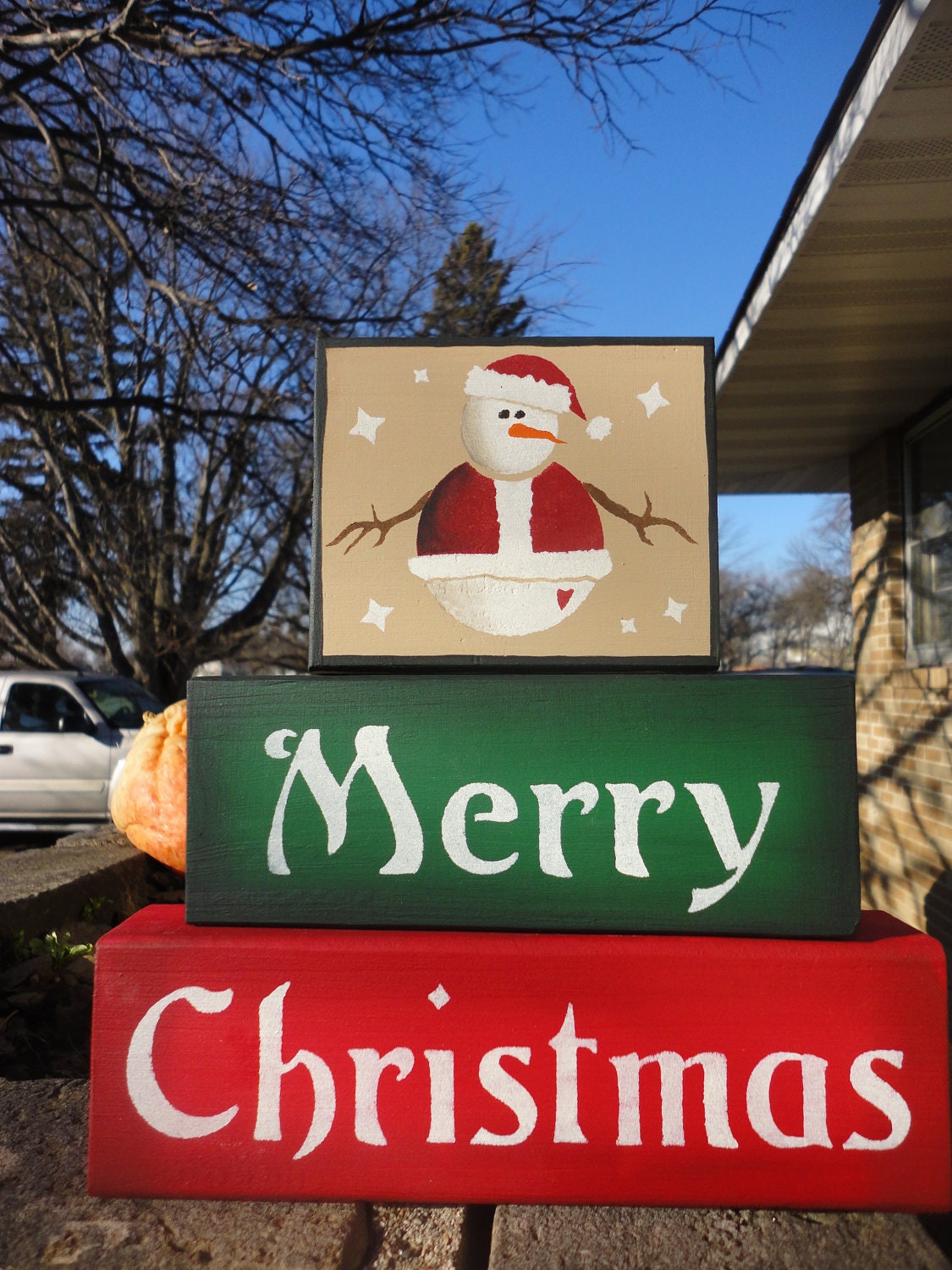 CHRISTMAS, Snowman Merry Christmas Decoration, Hand Painted Wood Blocks, Sign, Home Decor, Housewares
