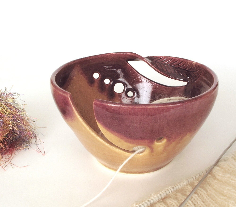 Wheel thrown Yarn Knitting Bowl "Autumn Gold" Dark Red Brown Accents KNITTERS twisted leaves stoneware gift Handmade ceramics earthy colors - blueroompottery