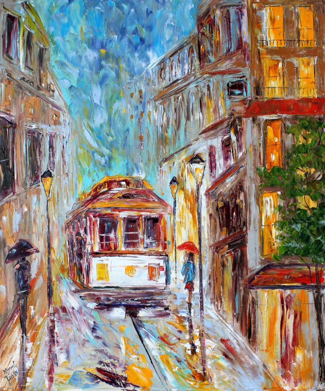 Original oil painting San Francisco California cable car palette knife modern texture fine art impressionism by Karen Tarlton