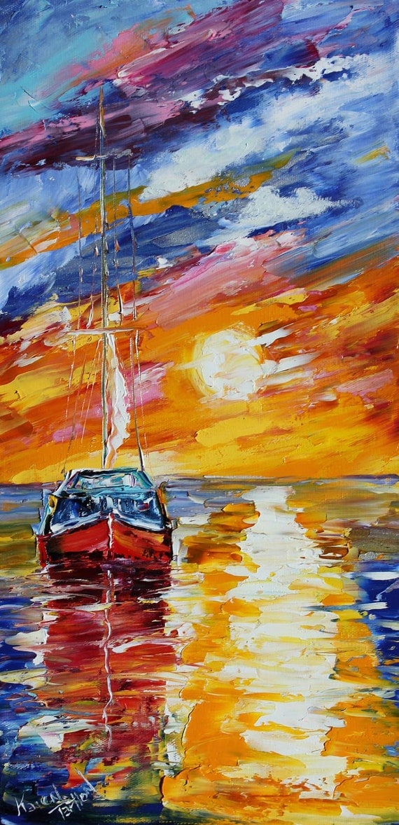 Original oil painting Sunset Sail Boat palette knife impressionism on canvas fine art by Karen Tarlton
