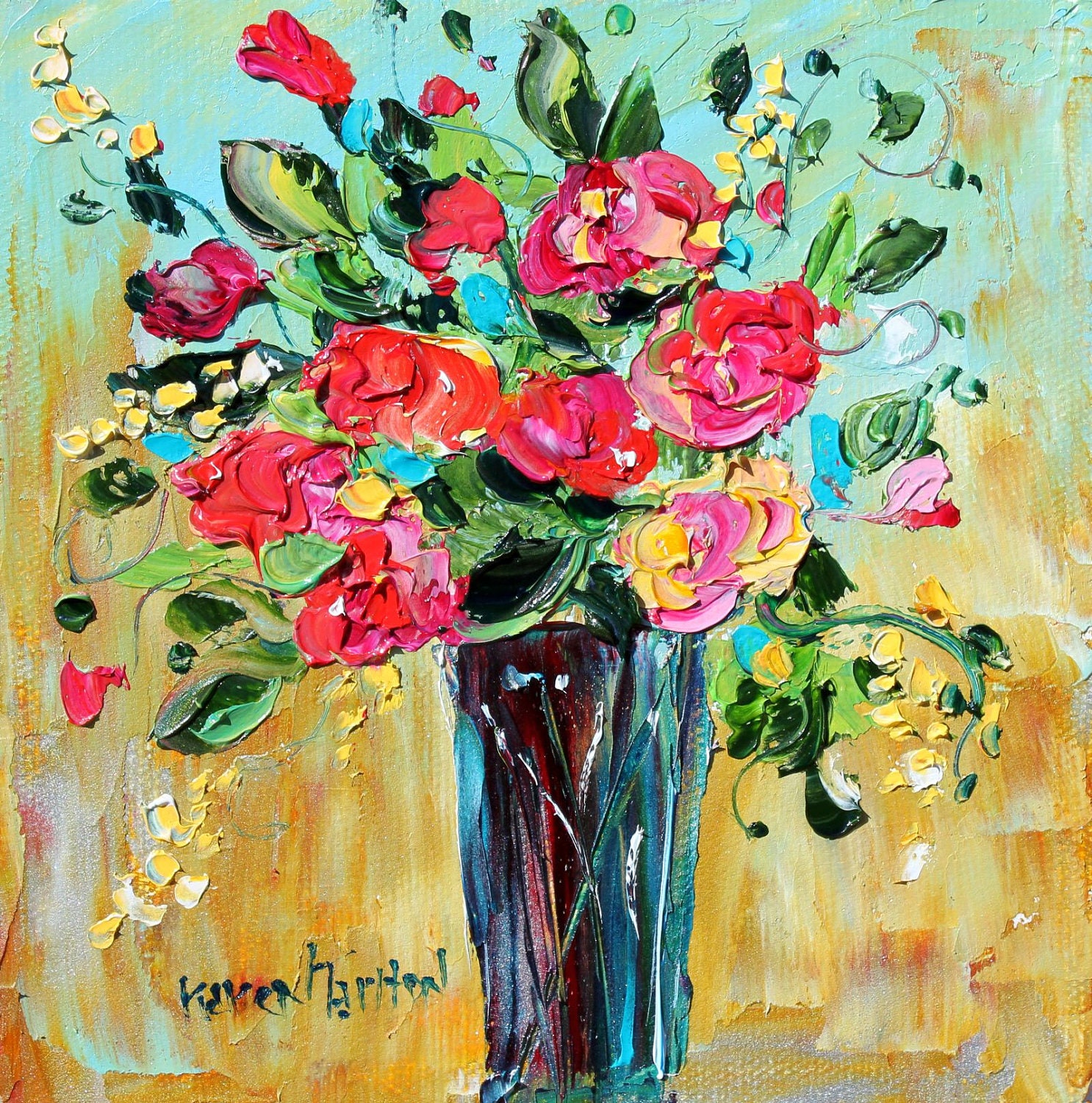 Original oil FLOWERS PALETTE KNiFE painting impressionism impasto fine art by Karen Tarlton