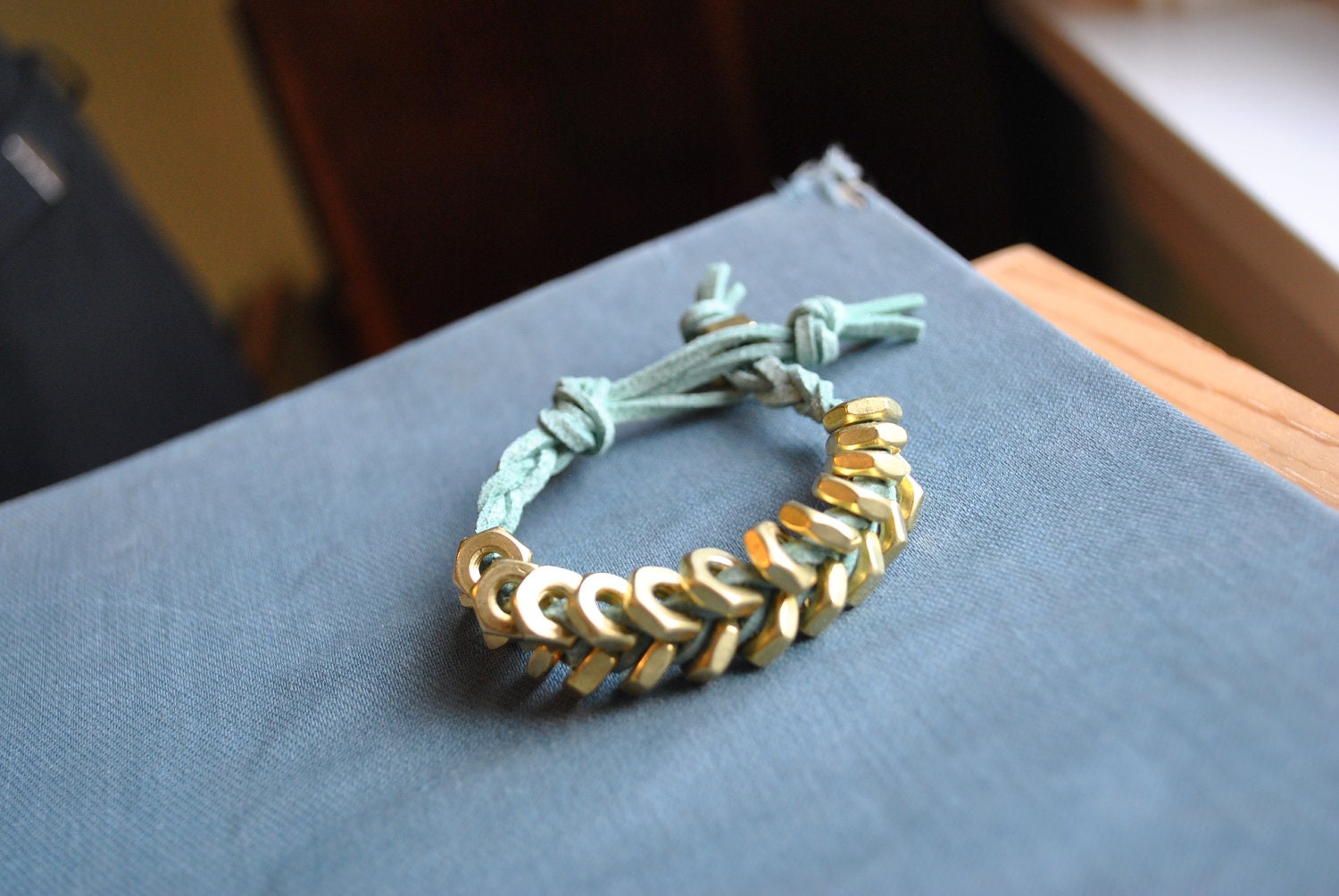 Brass Hex Nut Bracelet With Mint Suede Cord
