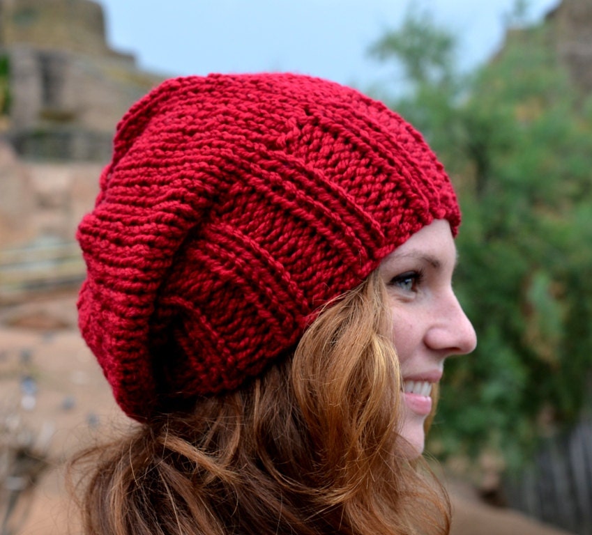 Womens Knit Hat, Womens Winter Slouchy Hat, Womens Fashion, Fall Fashion, Red Burgundy Slouch Beanie Hat