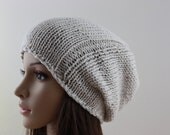 Hand Knit Hat  Slouchy Hat Womens Mens Hat Fall Autumn Hat Off White