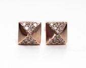 Pyramid Stud Earrings with pave crystals (14K rose gold dipped)