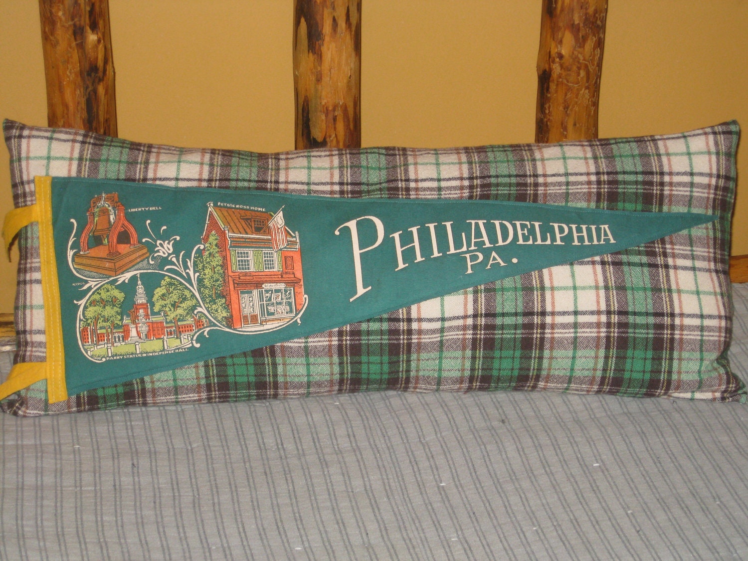 Bolster Pillow Vintage Pennant Souvenir  Philadelphia Green Camp Cabin Unique Gift