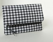 Fold over bag in black and white checked clutch, , zipper clutch, cosmetic bag