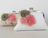 Bridal clutch ivory, pink and green wedding, pink bridesmaids shabby chic clutch