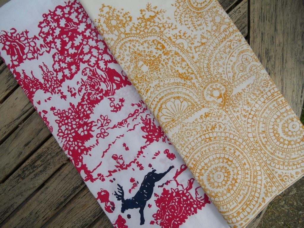 Sale Hand block printed tea towels- Set of Two Big Ben and The hunt