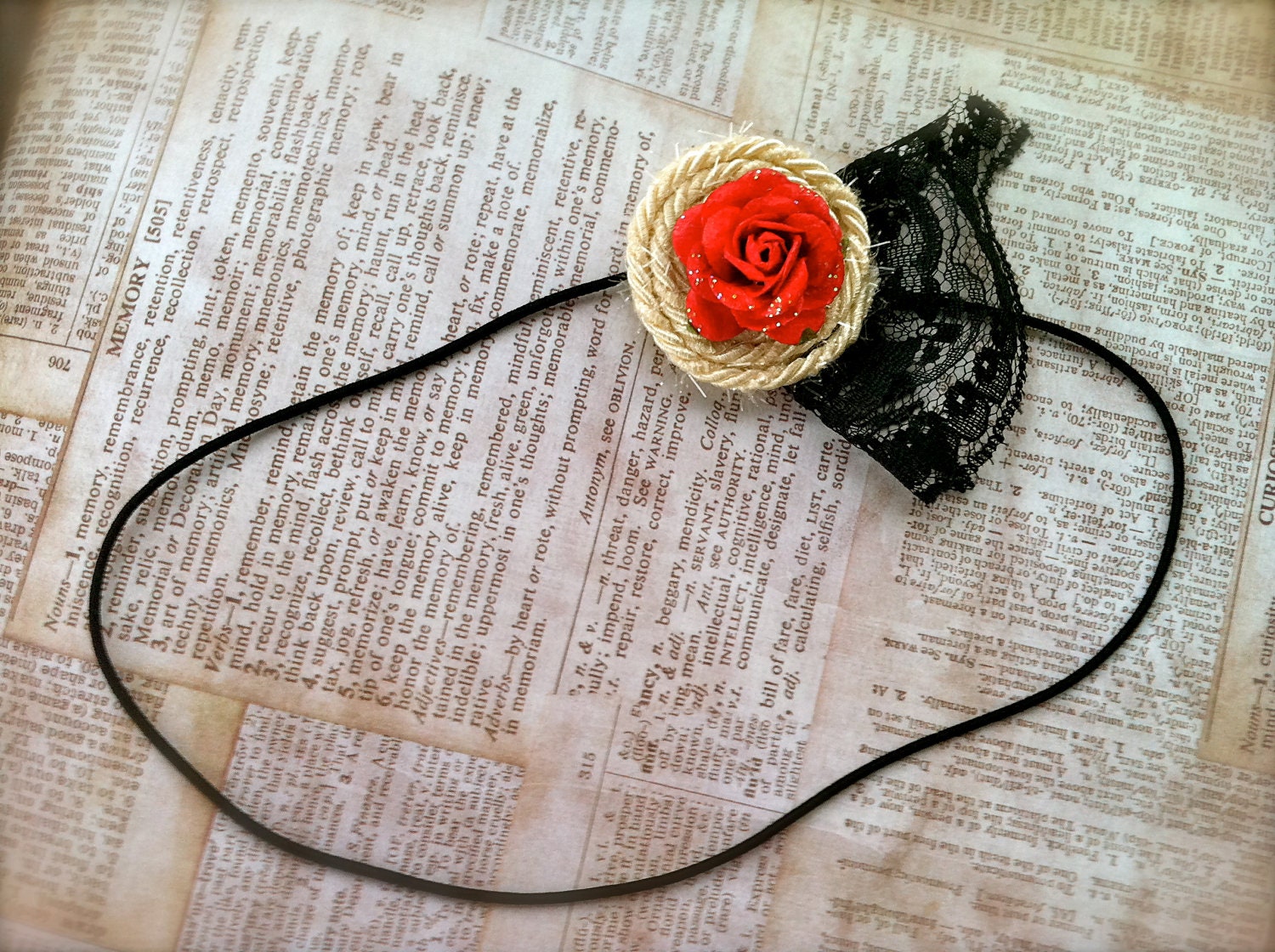 Red Rose Ivory and Black Lace Hair Stretch Headband  / Hair Accessories