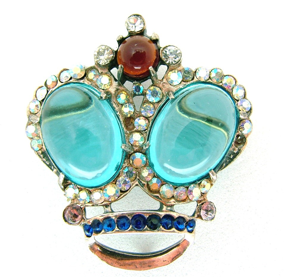Vintage Crown Brooch Sterling Silver Pale Blue Jelly Belly Cabochons