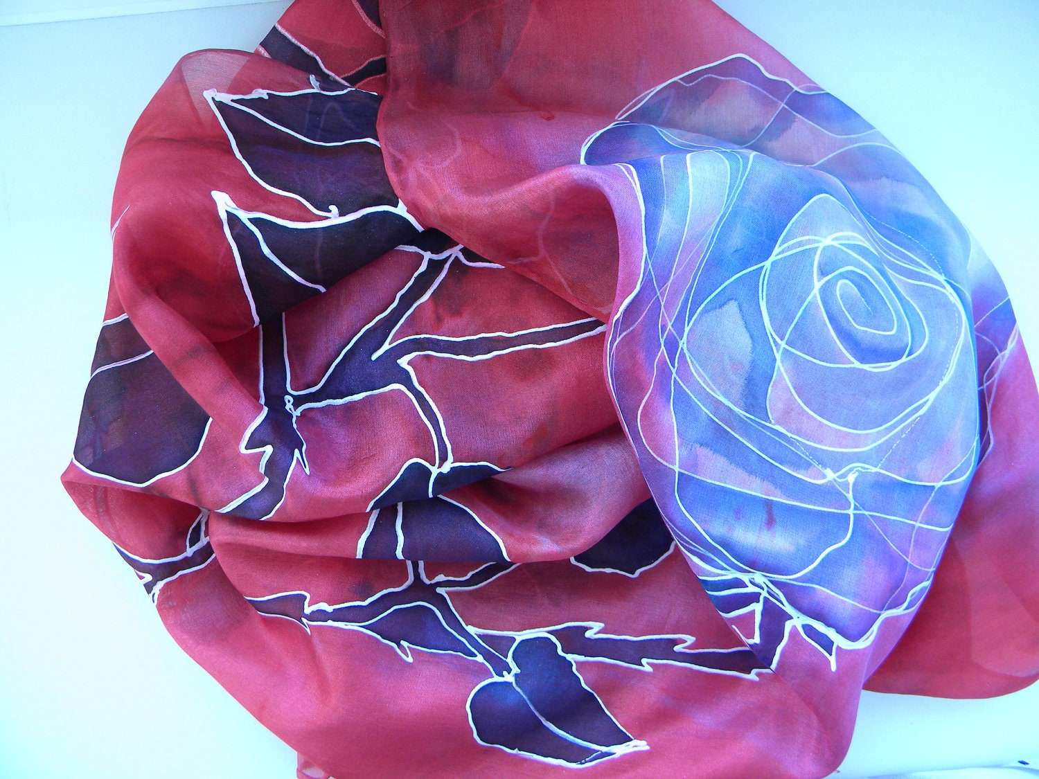 Silk scarf with pale blue rose on red,  hand painted red floral silkscarf, FREE SHIPPING