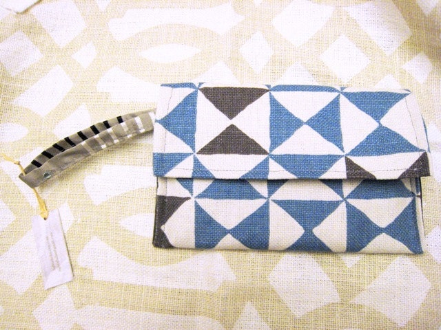 Grey and cobalt blue linen clutch