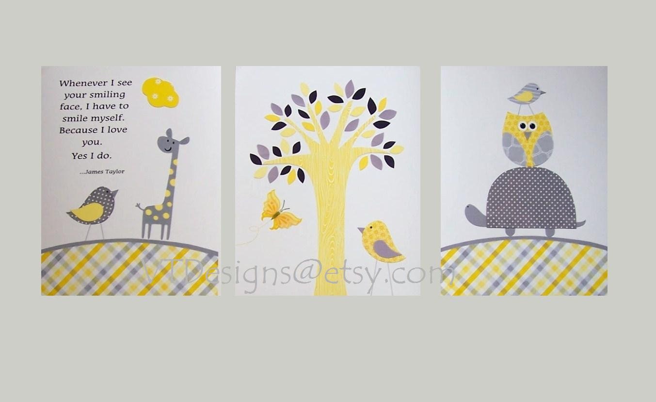 Nursery Art, Baby Girl Room Decor, Kids Wall Art, Art for Children, Bird, Giraffe, Turtle, Yellow, Gray, Set of Three, 8x10 Prints