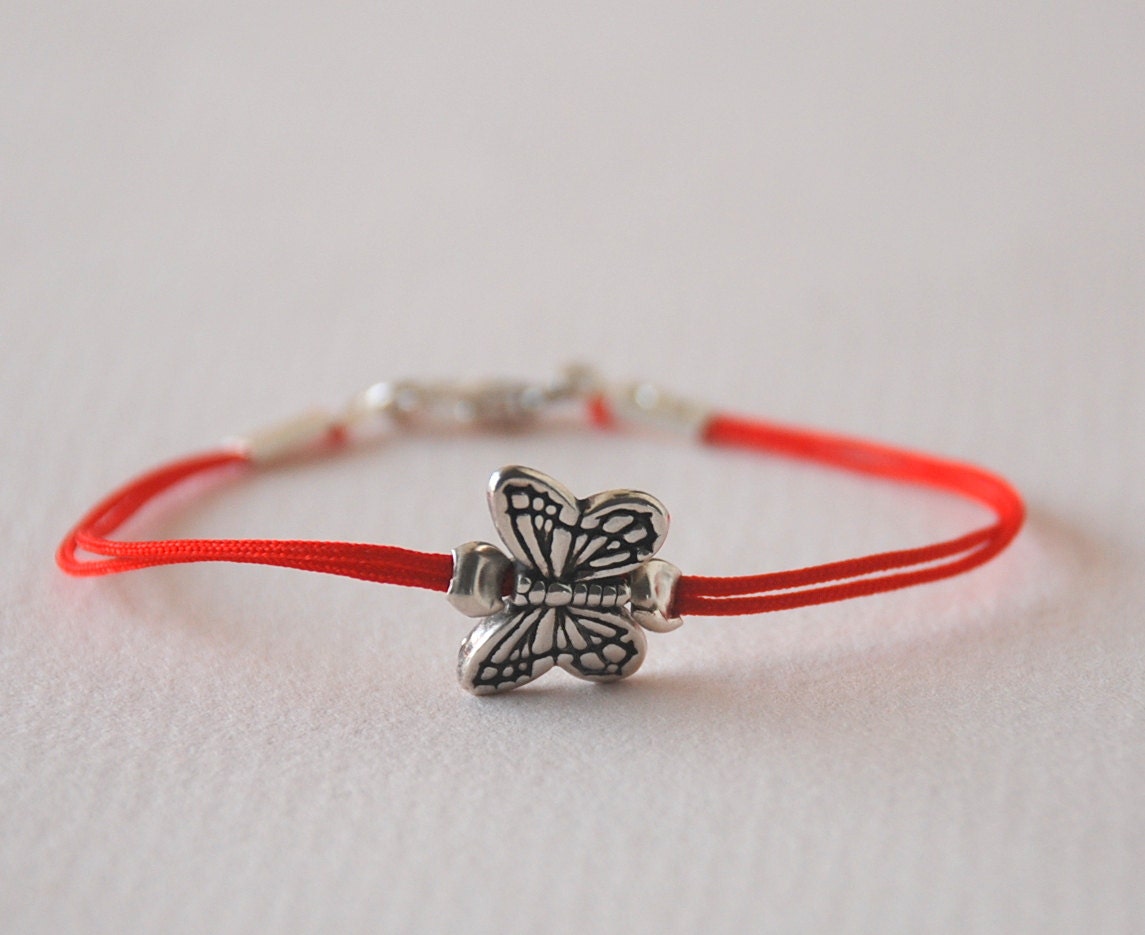 Sterling Silver Butterfly Red Rope Cord  Charm Bracelet