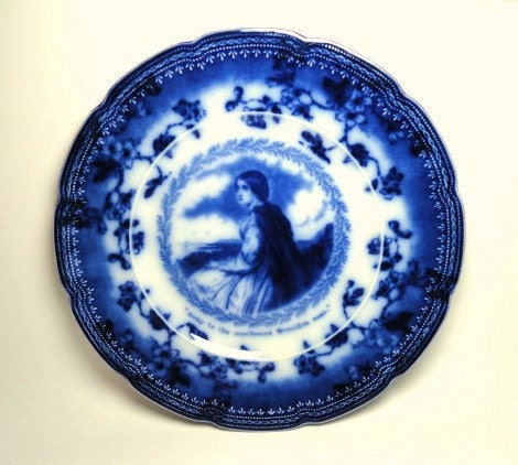 Antique Flow Blue Plate "Evangeline" with Longfellow's Poem on the Back, 9" Antique Plate, Vintage Dishes