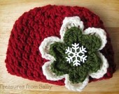 Red Christmas Beanie Hat with Flower- Newborn, Baby, Toddler, Child and Adult Sizes