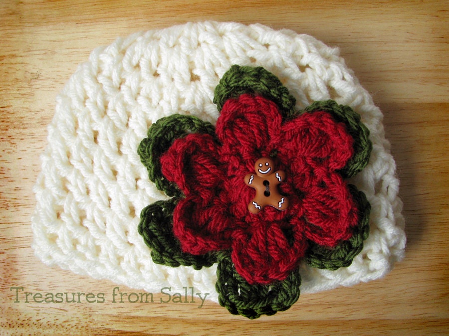 Cream Christmas Beanie Hat with Gingerbread dual flower- Newborn, Baby, Toddler, Child and Adult Sizes