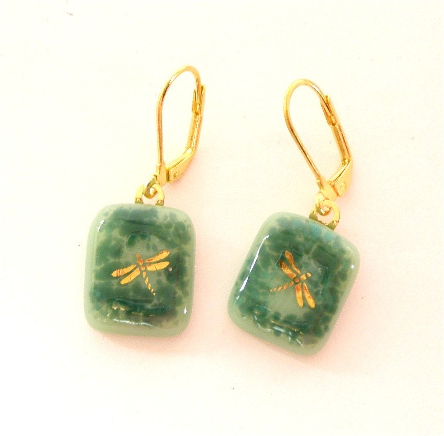 Gold Dragonfly Fused Glass Earrings, Sea Green and Teal Glass