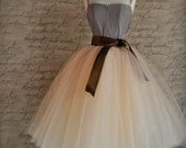 Classic Champagne Beige Tulle Skirt with Chocolate Caramel or Pale Gold Satin Waist. Spring neutral skirt. TutusChic original since 2009.