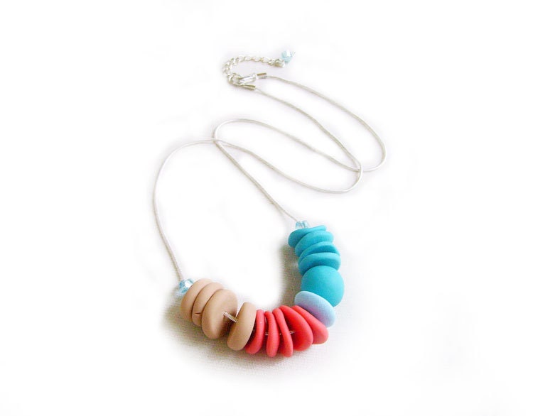 Geometric Pastel Necklace - Teal, Coral, Tan Handmade Polymer Clay Beaded Necklace
