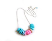 Pastel Geometric Necklace -  Babydoll Necklace in Teal, Pink, Tan,  Handmade Polymer Clay Beaded Necklace