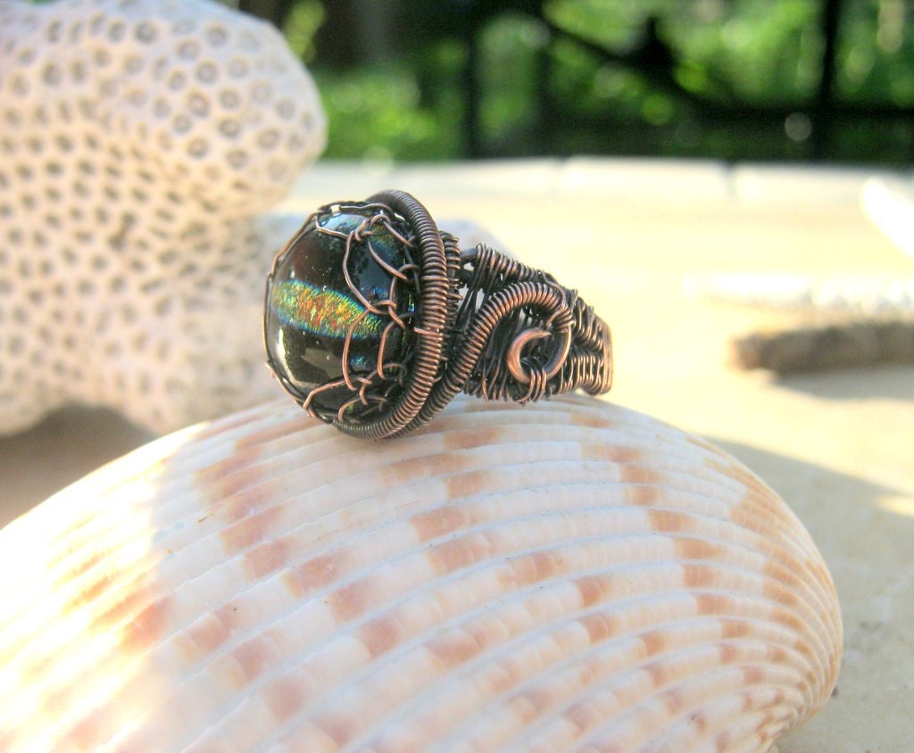 dichroic glass ring in copper wire