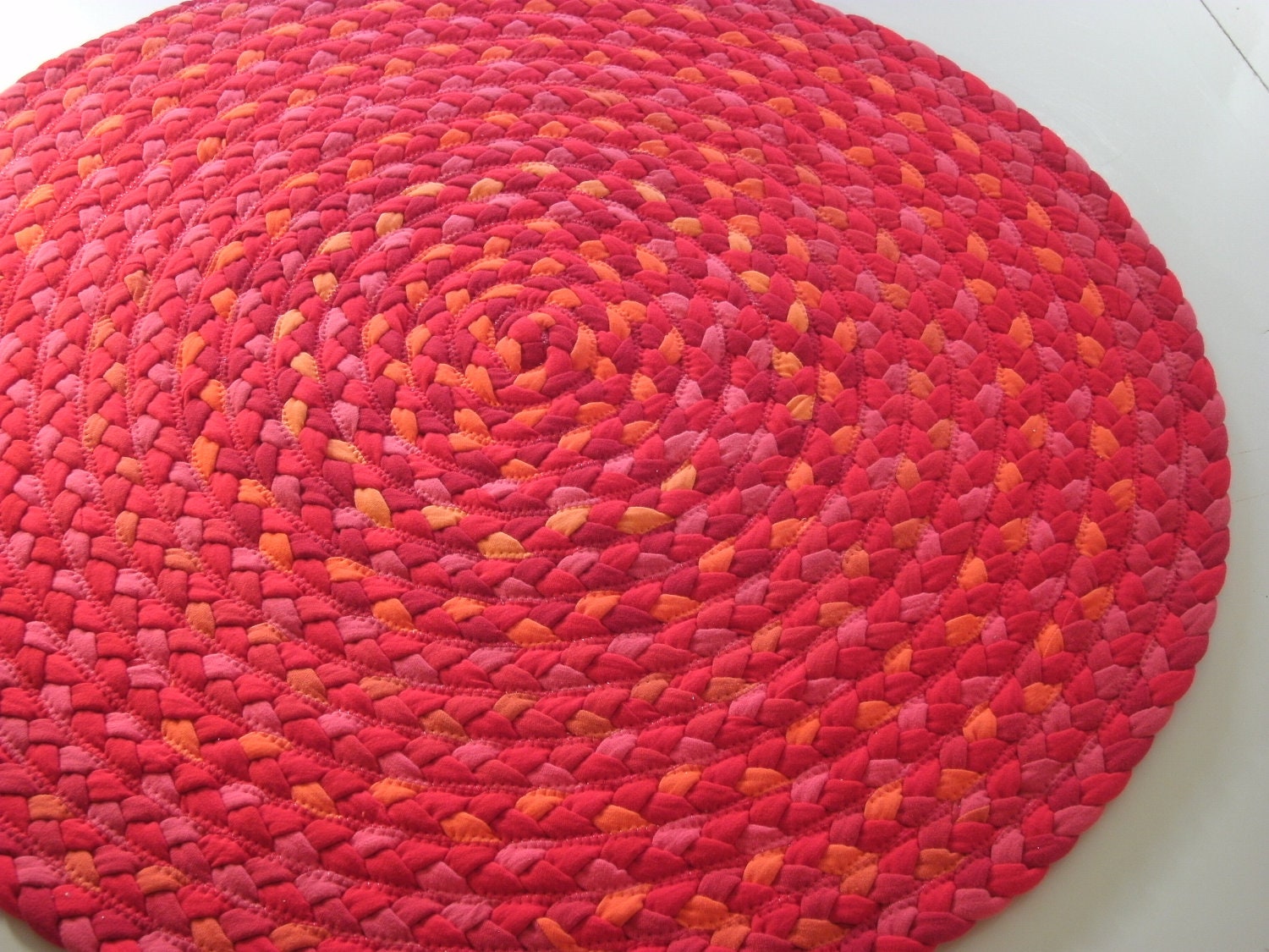 READY TO SHIP 31" poppies rug with reds pinks and orange some New organic fabric and recycled t shirts