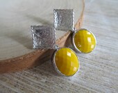 Mustard glass earrings on silver textured posts, honey gold for fall, Pantone 2012
