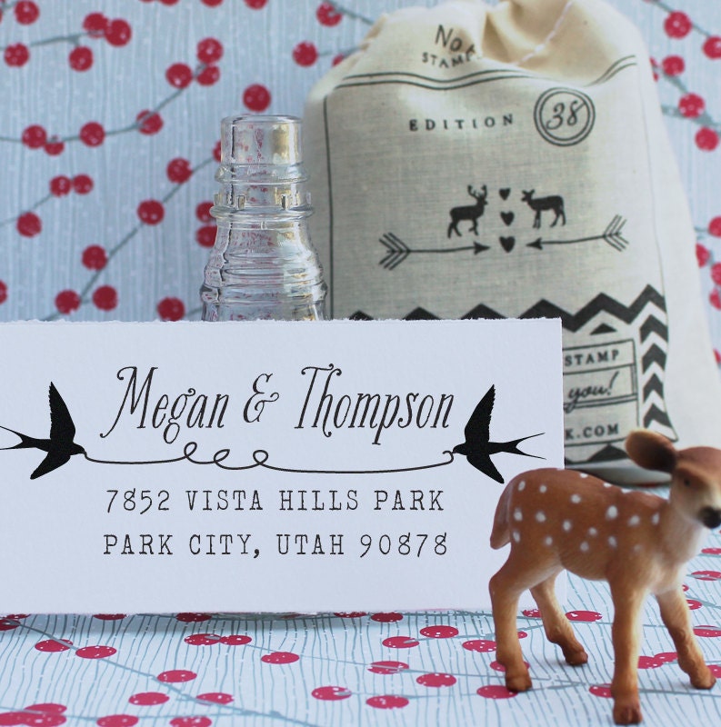 Custom Rubber Stamp - Self Inking Address Stamp - Wedding Stamp - Barn Birds -1