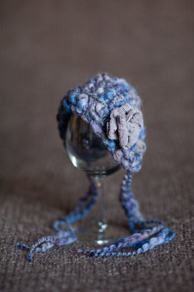 Crochet Newborn Bonnet. Purple. Blue. Headband. Wool. Photo Prop. Knit Hat. Baby Girl.