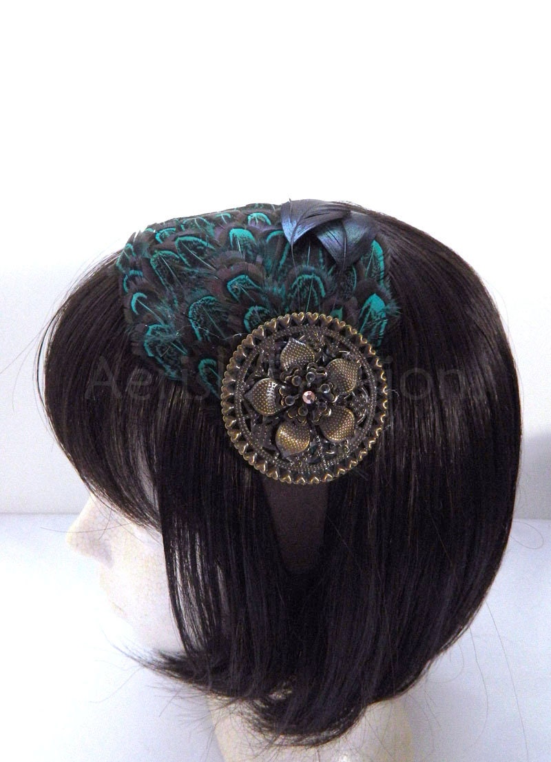 Steampunk Feather Fascinator - SKYLA design of Emerald green pheasant feathers and a metal medallion - CHOOSE headband, comb or hair clip