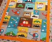 Baby boy crib quilt -- Vroom 2 -- cars, trucks, blue, brown, yellow, orange