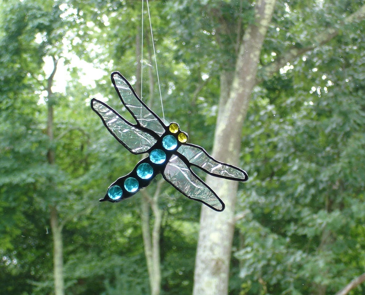Dragonfly suncatcher stained glass sapphire blue hanging window art