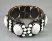 Vintage  Milk Glass Japanned Metal Hinged Clamper Bangle Bracelet