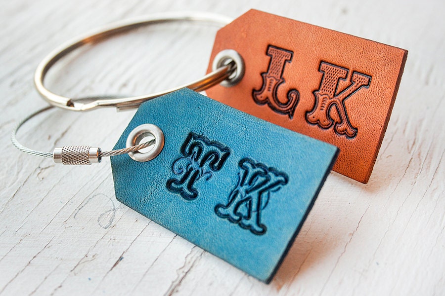 Mini Luggage Tag with Initials - pick Font, Initials, stain and grommet color - Giant key ring - Key ring - Leather Key fob