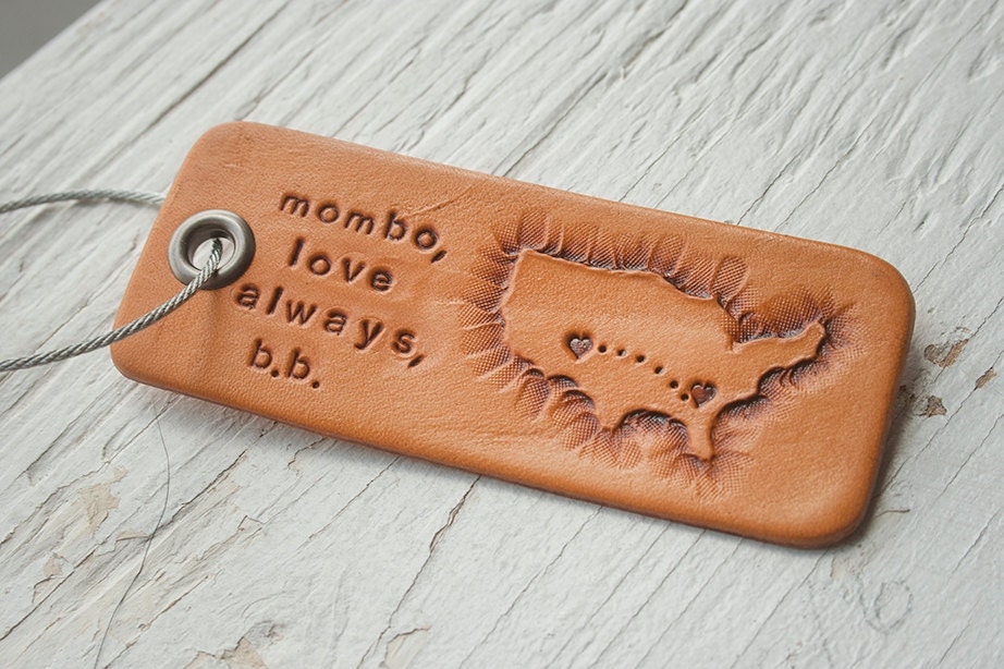 Long distance love - personalized travel Luggage tag - Hearts or Stars on two locations - and country or countries - key ring or suede cord