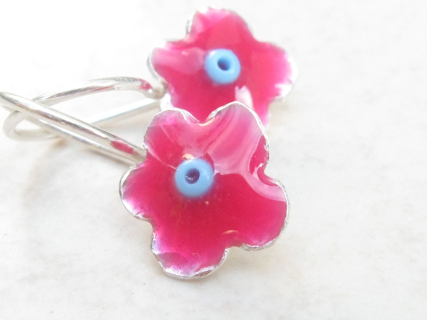 Girls earrings Fuchsia Little Flower Sterling Silver with Turquoise Bead