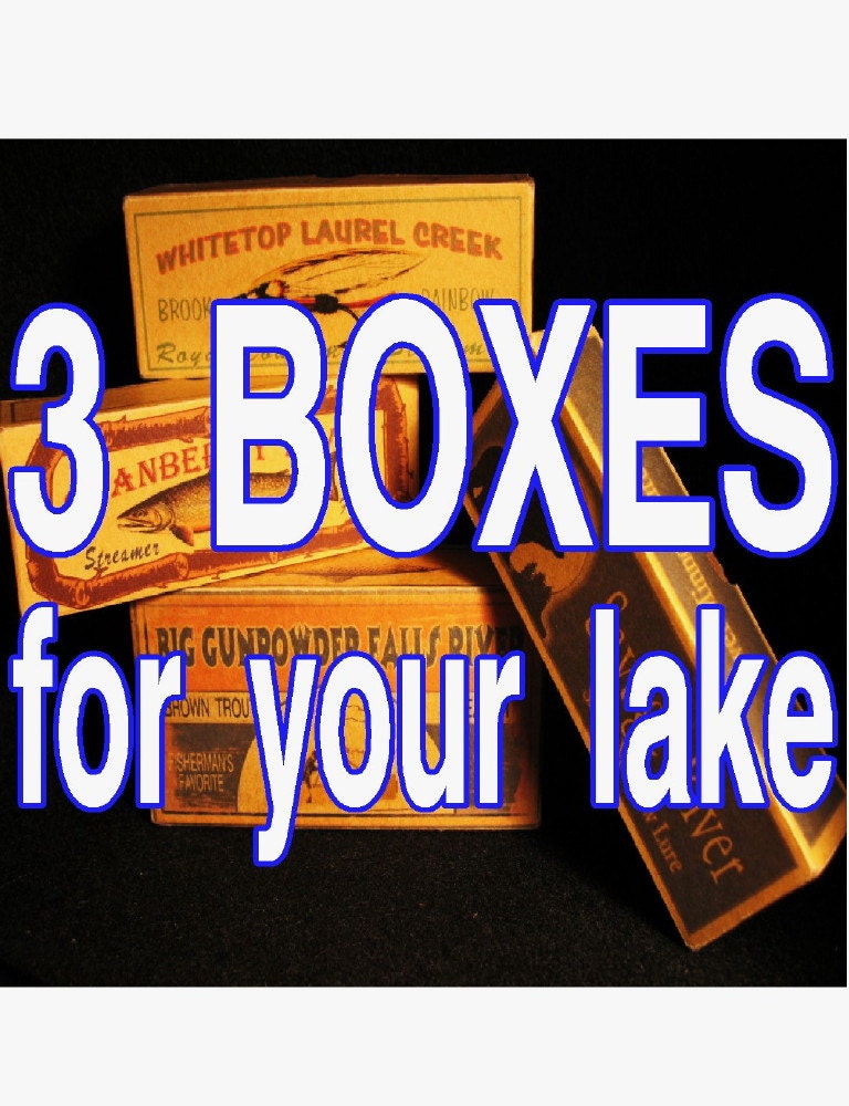 Three personalized vintage look lake house cabin decor fishing lure boxes