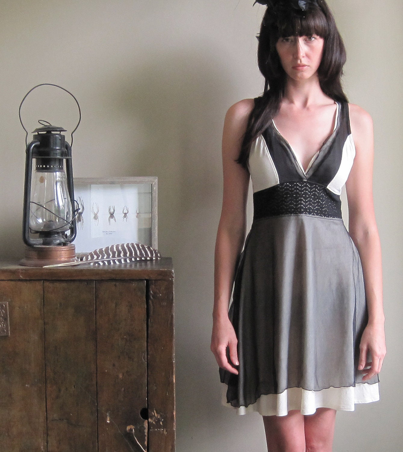 Country style lace dress - butter cream with black silk chiffon, deep v-neck bohemian hippie - large