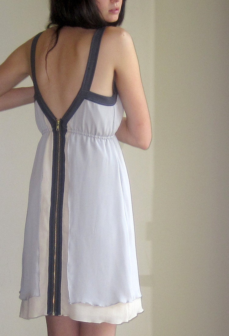 Minimalist silk dress - deep v-neckline with back zipper in neutral cloud grey - small